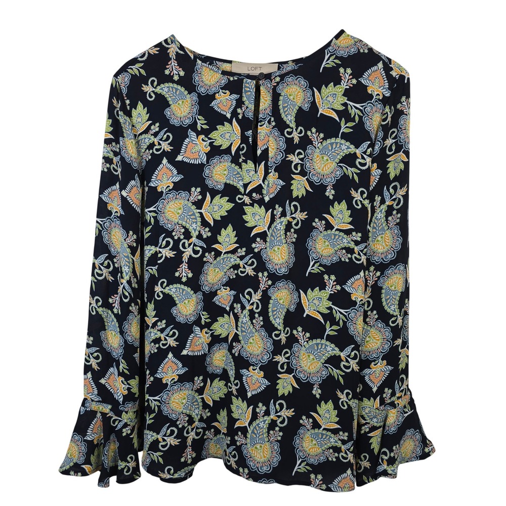 LOFT Women Large Navy Blue Paisley Bell Sleeve Split Neck Blouse